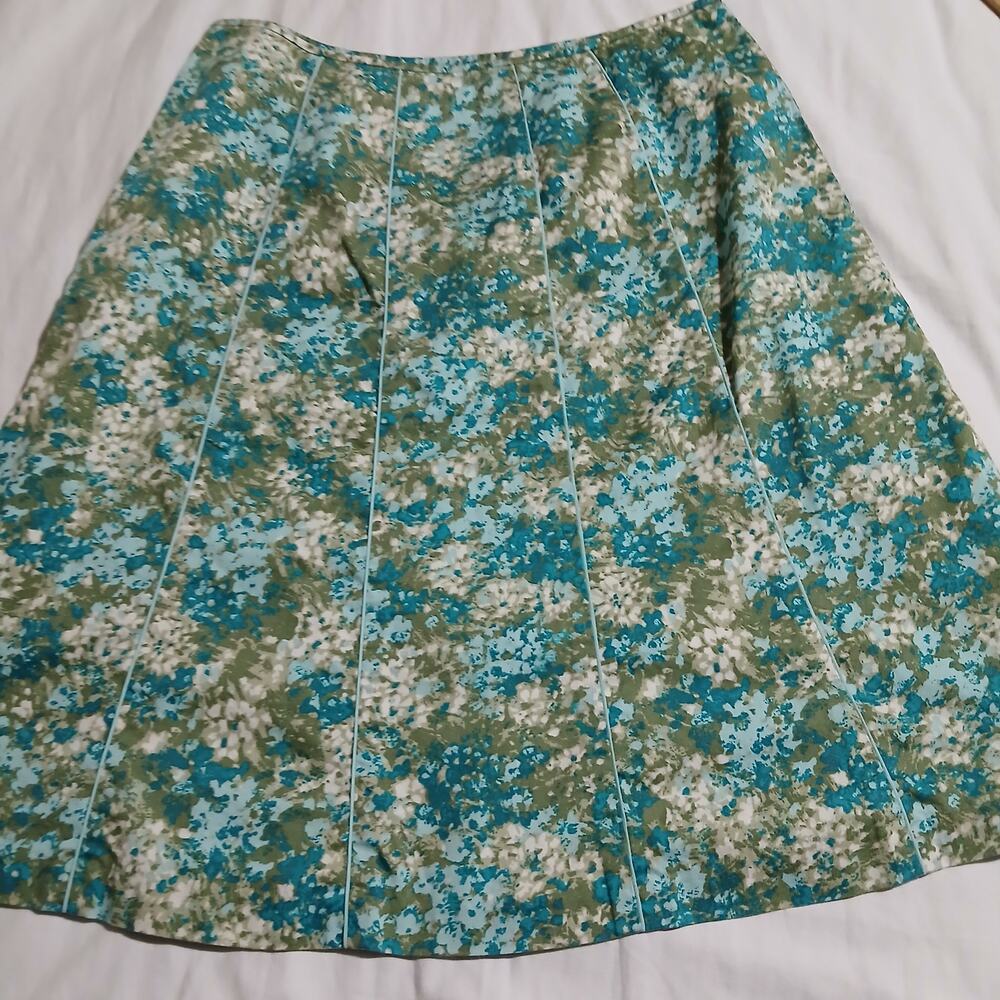 Ann Taylor 10 Green/Blue Floral-Esque A-Line Skirt  100% Cotton Fully Lined BoHo